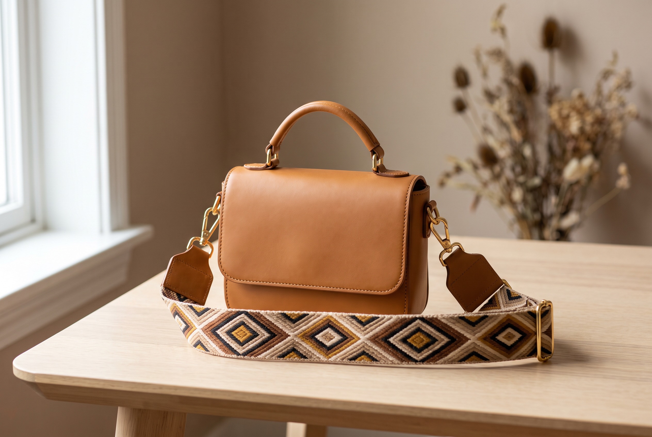 Bolso cruzado de cuero color miel sobre una mesa de madera