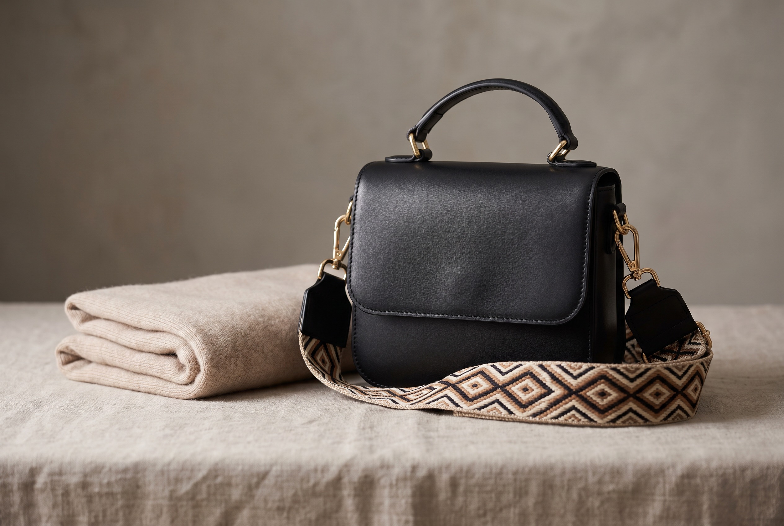 Bolso cruzado de cuero negro sobre una superficie de lino